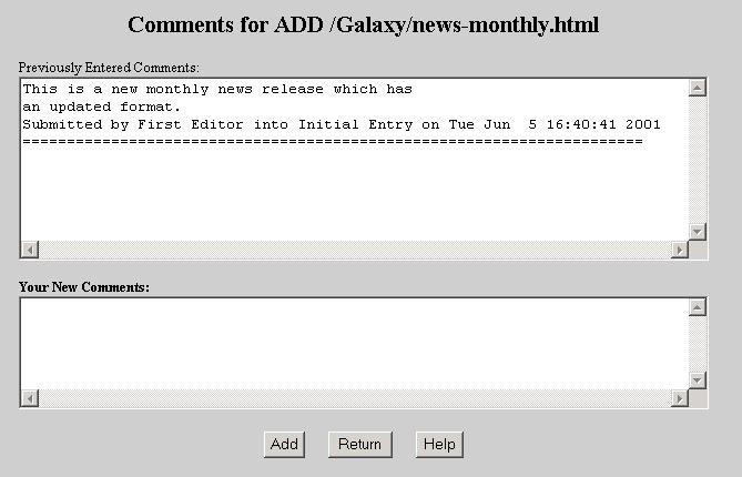 Sample Comments Window - Enter New Comments