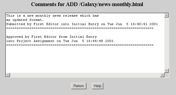 Sample Comments Window - View Only