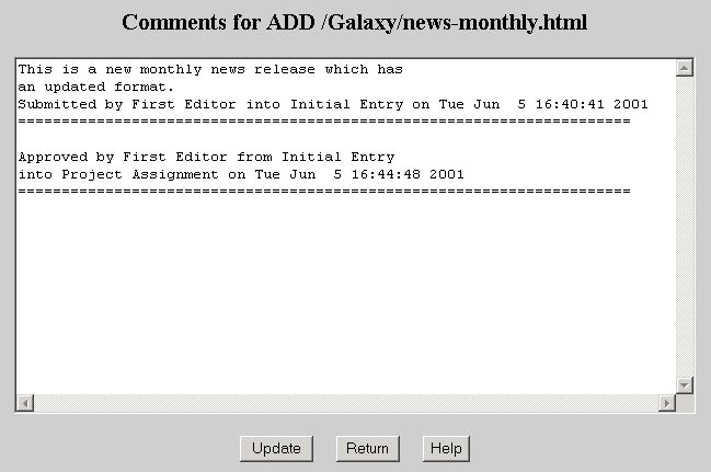 Sample Comments Window - Change Previous / Enter New
